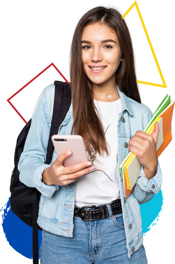 Estudiante de Eleva502 con su teléfono y cuadernos
